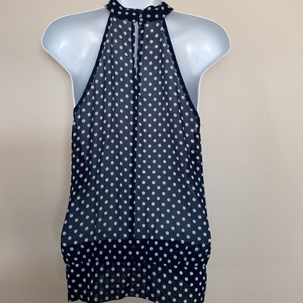 Twentyone Blue w/white dots High Neck Ruffle Top S - Picture 4 of 11